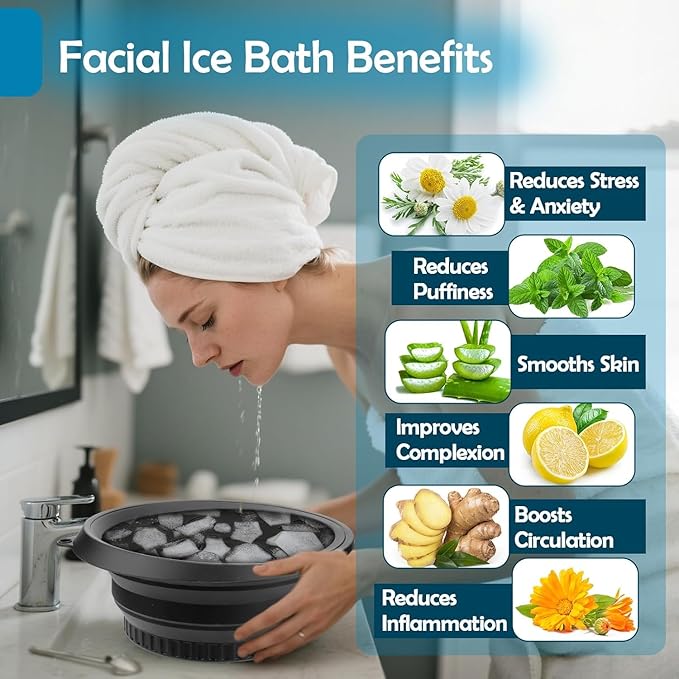 Face Bowl for Ice with Built-in Icetray, Portable Foldable Silicone Ice Facial Bowl, for Home Ice Bath Facial Plunge Bowl, Black
