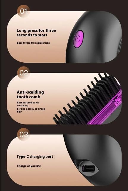 Mini Hair Straightener, Wireless Straightening Brush, 3 Heat Settings, Straightener With Scalding Protection For Hair And Beard