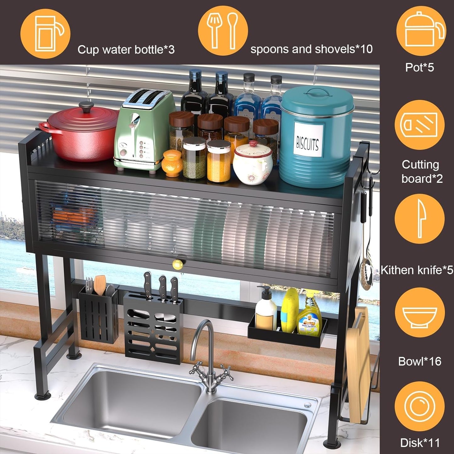 Dish Rack for Kitchen, Bartan Stand for Drying, Carbon Steel, Drainer Shelf/Kitchen Organizer/Utensils Storage