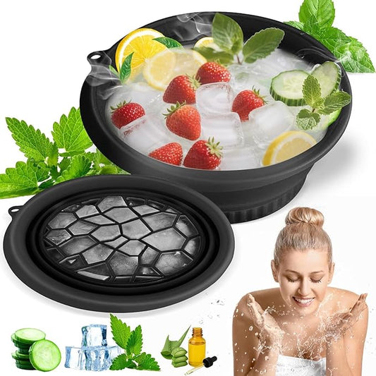 Face Bowl for Ice with Built-in Icetray, Portable Foldable Silicone Ice Facial Bowl, for Home Ice Bath Facial Plunge Bowl, Black