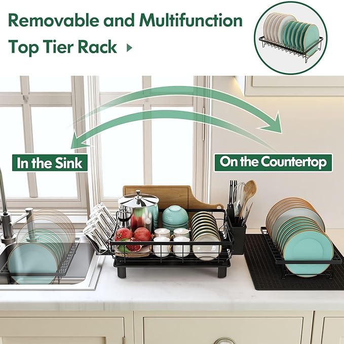 Dish Drying Rack, 2 Tier Dish Drainer Rack with Drip Tray and Drainer Mat, Dish Rack with Utensil Holder
