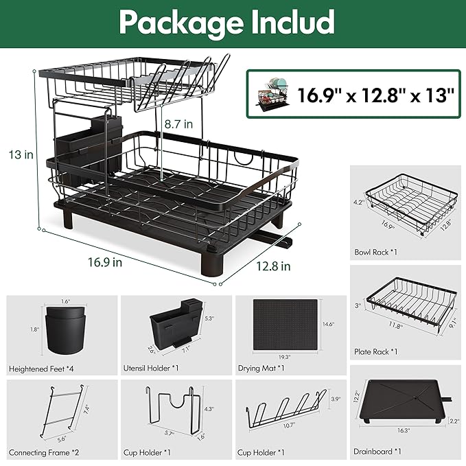 Dish Drying Rack, 2 Tier Dish Drainer Rack with Drip Tray and Drainer Mat, Dish Rack with Utensil Holder