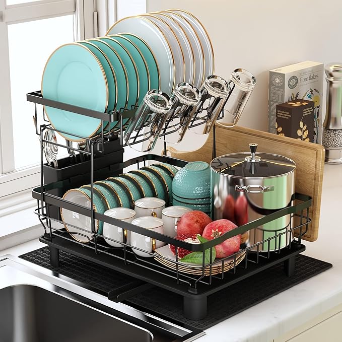 Dish Drying Rack, 2 Tier Dish Drainer Rack with Drip Tray and Drainer Mat, Dish Rack with Utensil Holder