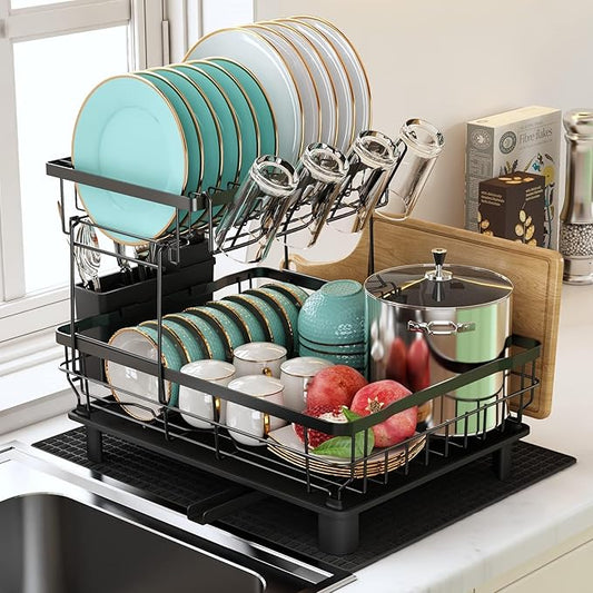 Dish Drying Rack, 2 Tier Dish Drainer Rack with Drip Tray and Drainer Mat, Dish Rack with Utensil Holder