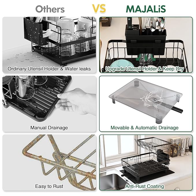 Dish Drying Rack, 2 Tier Dish Drainer Rack with Drip Tray and Drainer Mat, Dish Rack with Utensil Holder