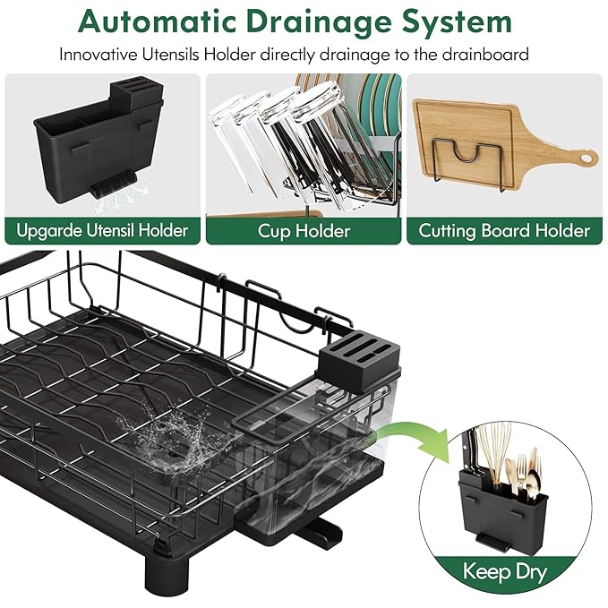 Dish Drying Rack, 2 Tier Dish Drainer Rack with Drip Tray and Drainer Mat, Dish Rack with Utensil Holder