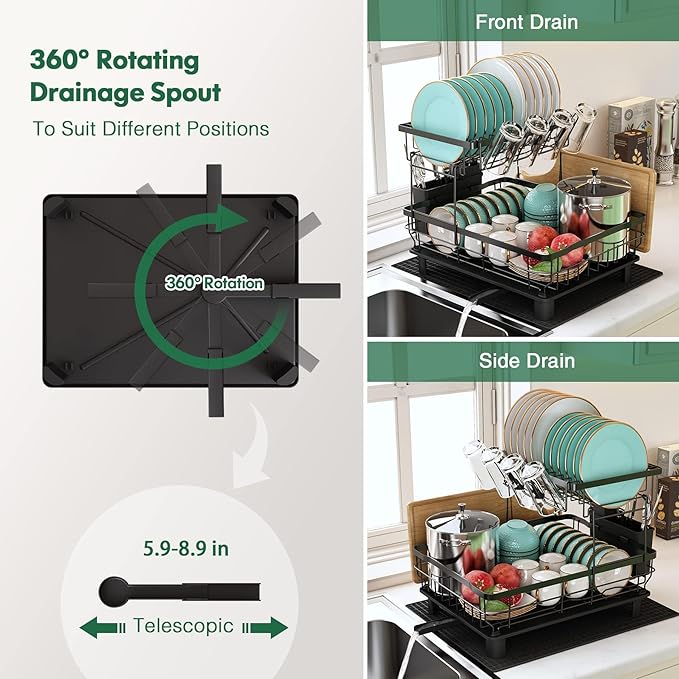 Dish Drying Rack, 2 Tier Dish Drainer Rack with Drip Tray and Drainer Mat, Dish Rack with Utensil Holder
